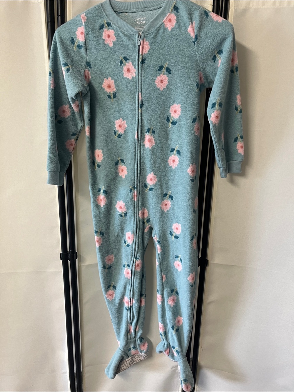 Carter's Light Blue Floral Zip-Up Footed Fleece One-Piece